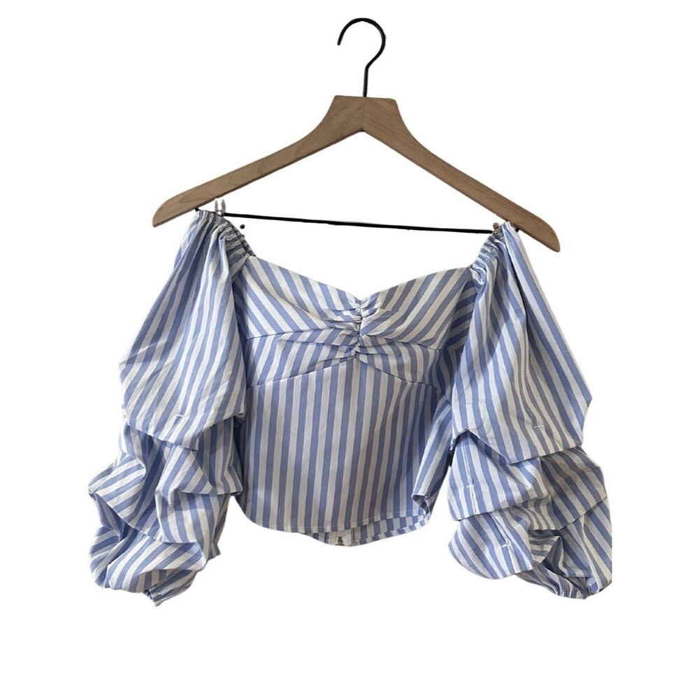 Forever 21 Off-Shoulder Blue & White Stripe Ruffle Sleeve Top